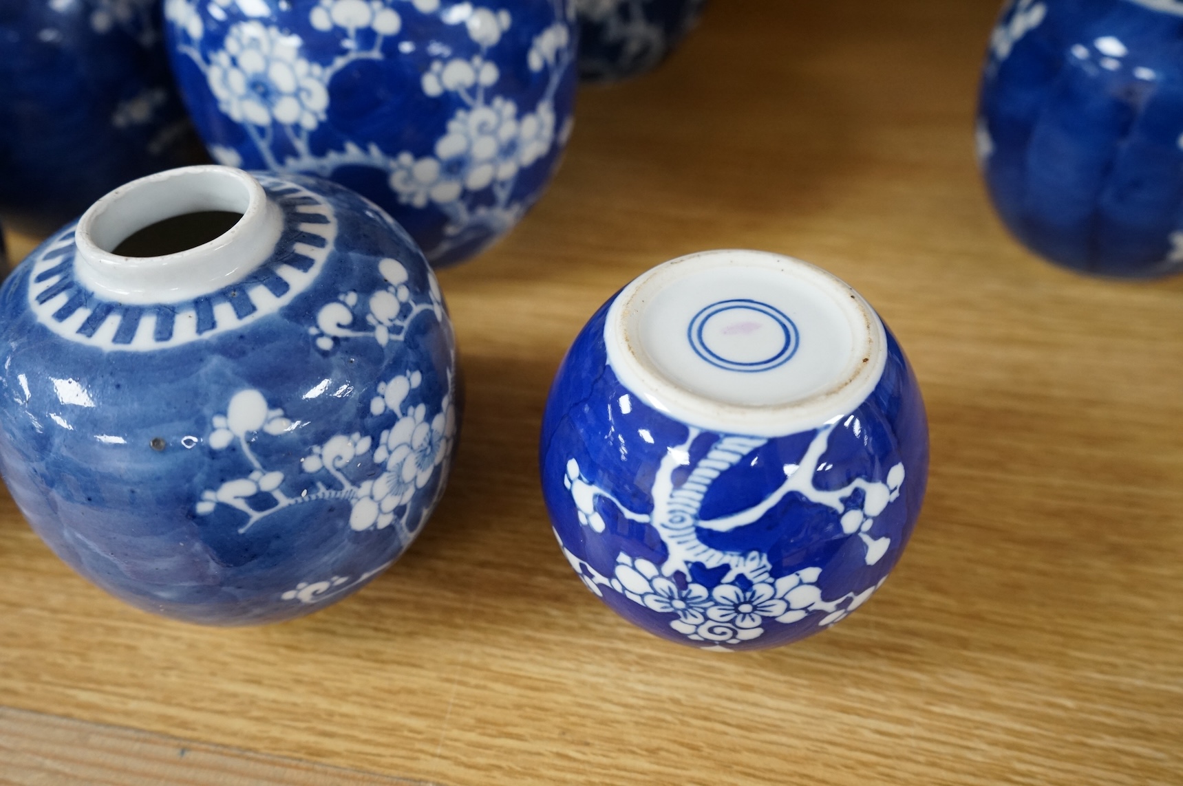 Eleven Chinese blue and white prunus jars and two covers, late 19th/20th century, tallest jar and cover 15cm high.